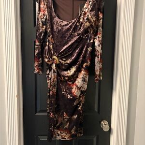 Donna Karan Brown Velvet Floral Long-Sleeve Midi Dress with Gold Ring Accent